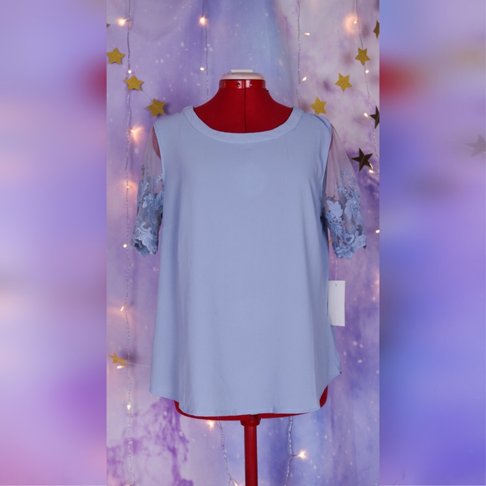 NEW Light blue top with sheer lace sleeves